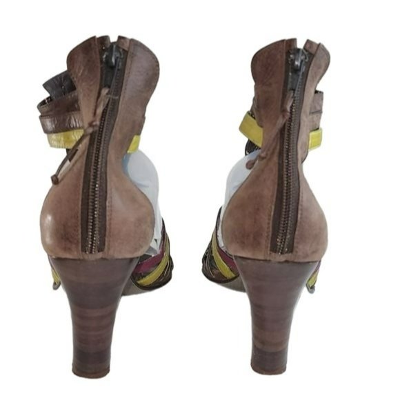 Vintage Style Brown Real Leather Peep Toe Block Heel Strappy Gladiator Sandals - Picture 4 of 16